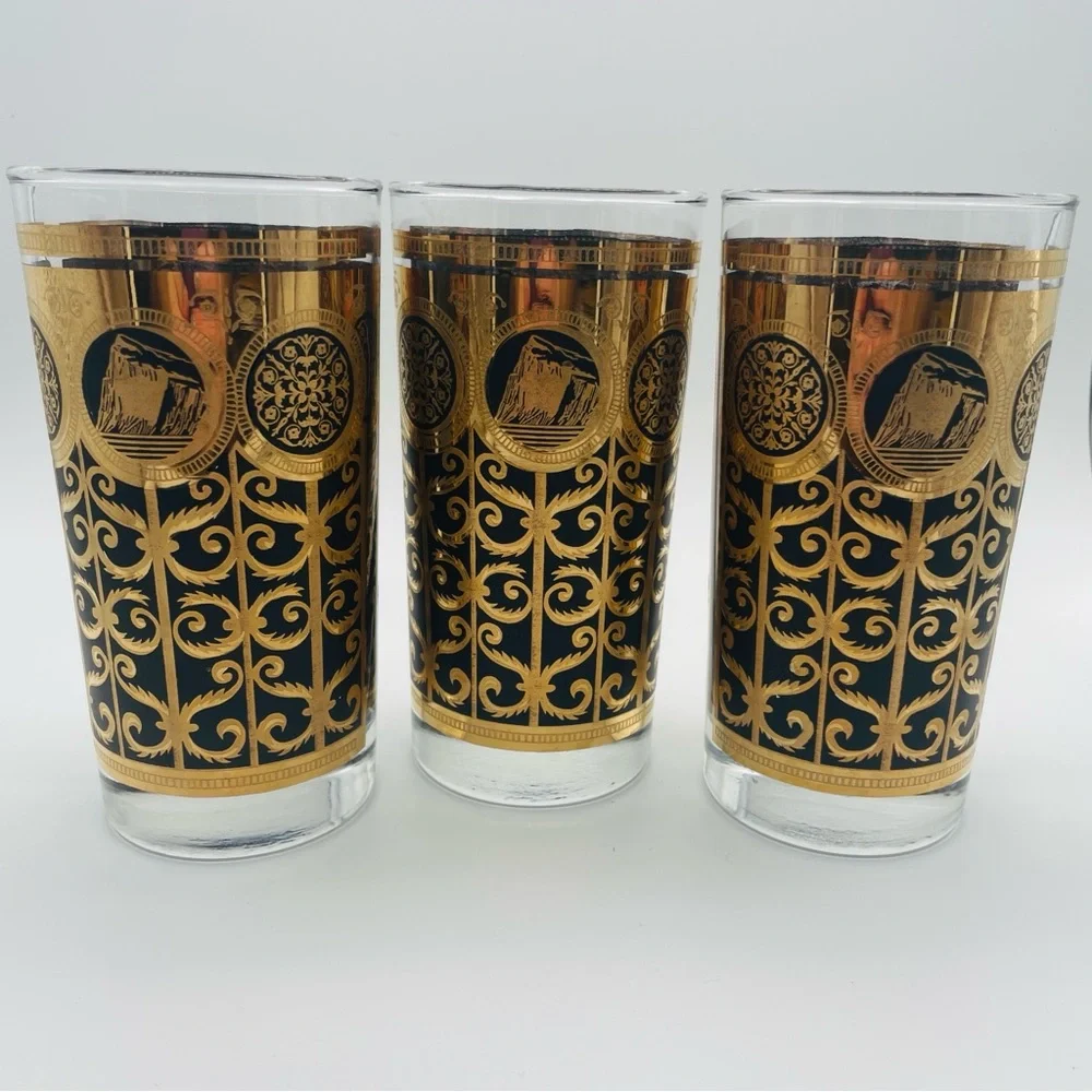 Set of 3 Libbey Prudential Rock of Gibraltar Black Gold MCM Highball Glasses VTG